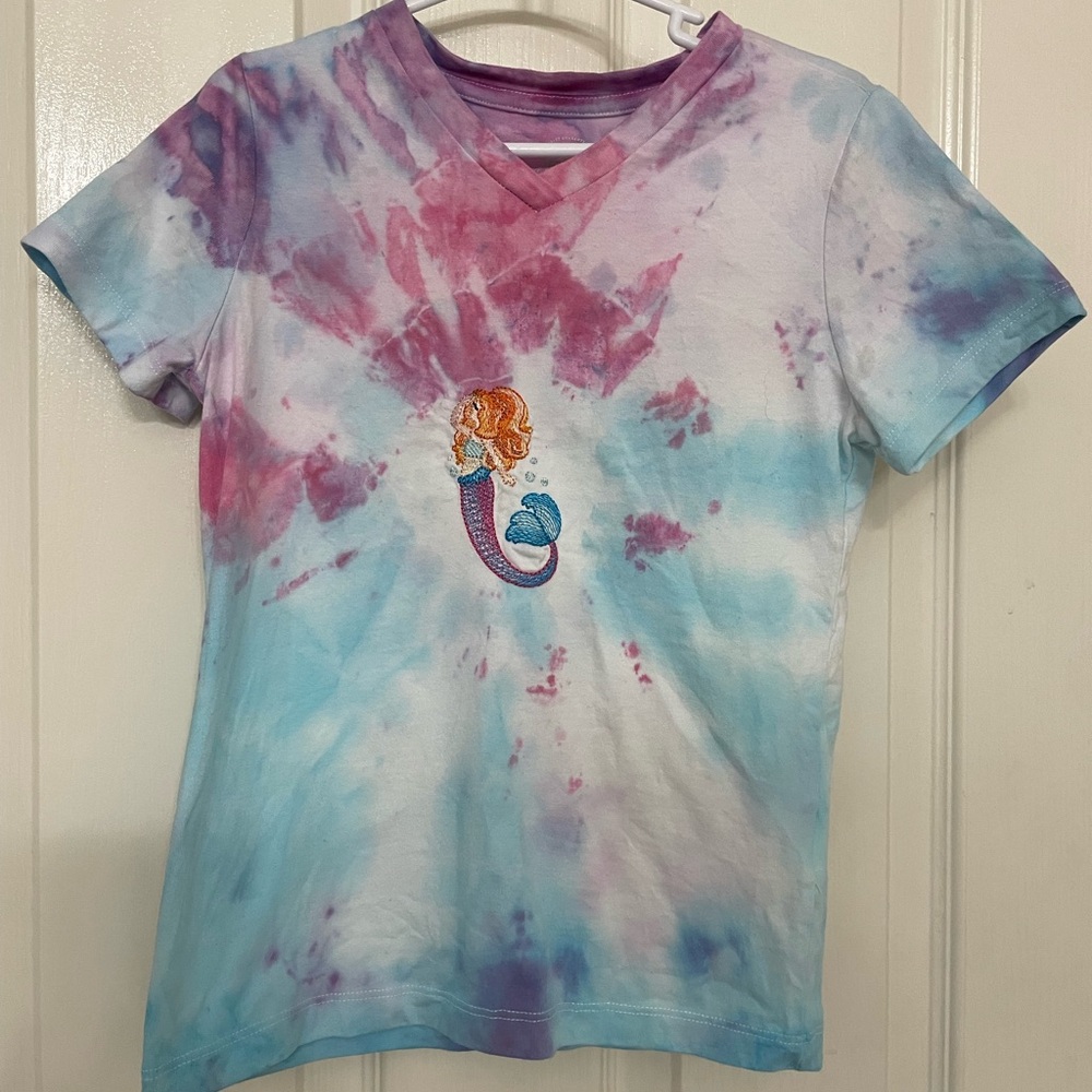 Hand Embroidered Mermaid Girls Custom Toe Dye t-shirt